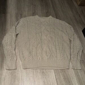 VTG USA Ardsley Mens XL Cable Knit Fisherman Sweater Cottagecore Tan 100% Cotton